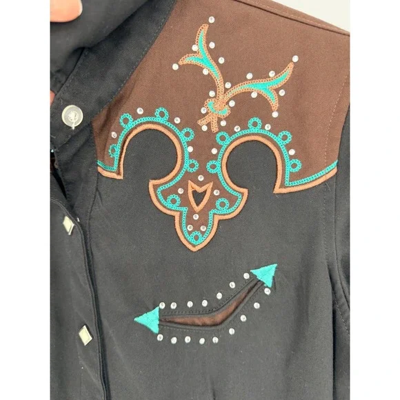 Panhandle Slim Womens L Western Shirt Black Embroidered Rhinestone Snap - Picture 4 of 11